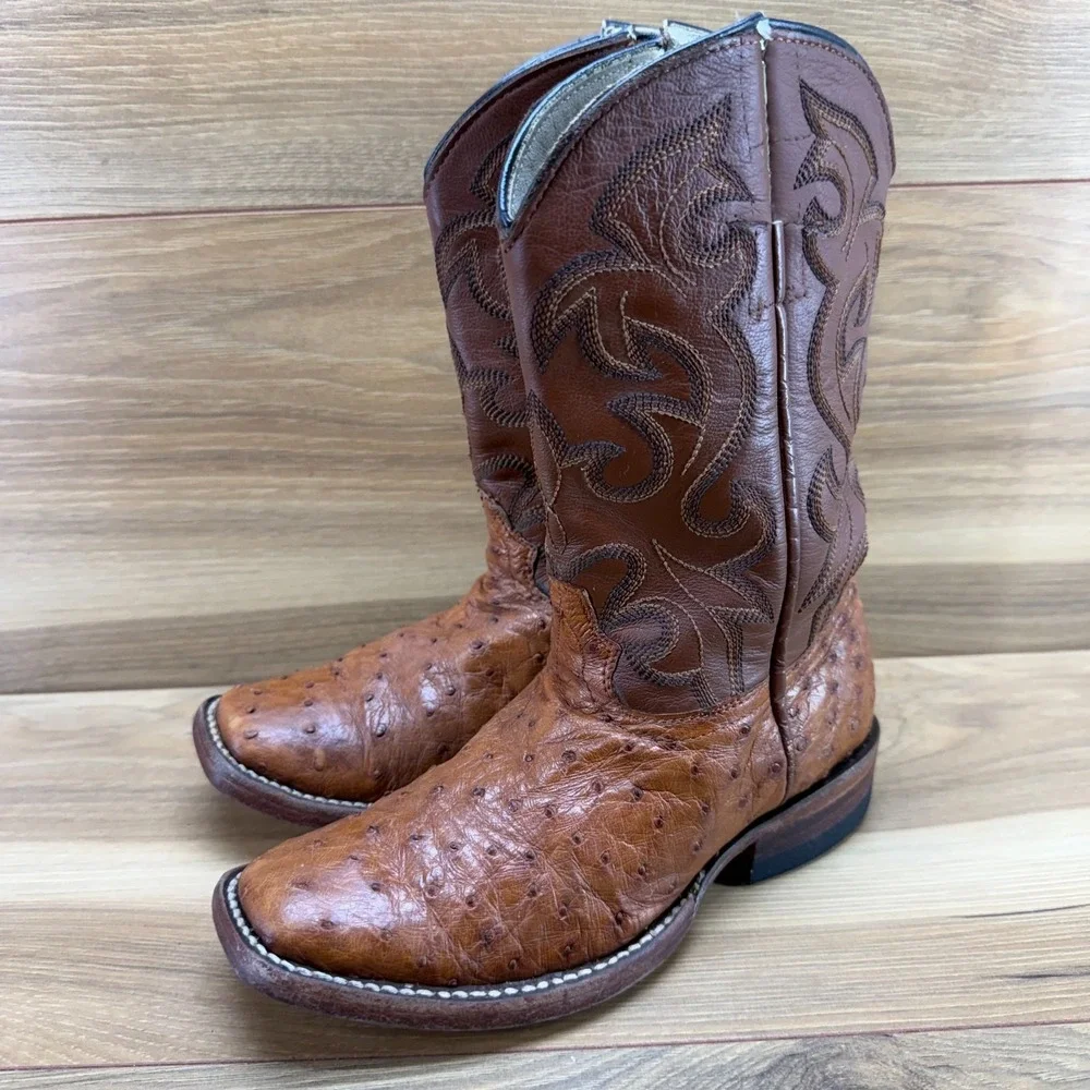 Genuine Ostrich Leather Boys Size 1 Western Boots Square Toe Rodeo Ranch